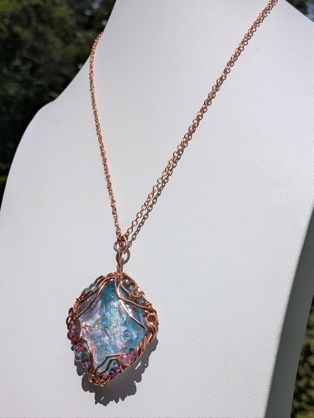 Mermaid Goddess Pendant Artisan Crafted Copper Wire Wrap Design On Copper Chain - Picture 3 of 16